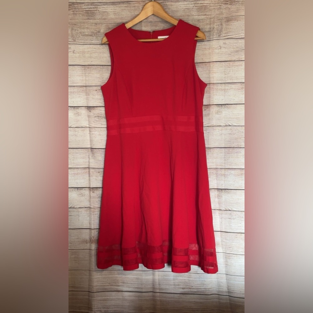 Calvin Klein Vibrant Red A-line Mesh accent cocktail dress